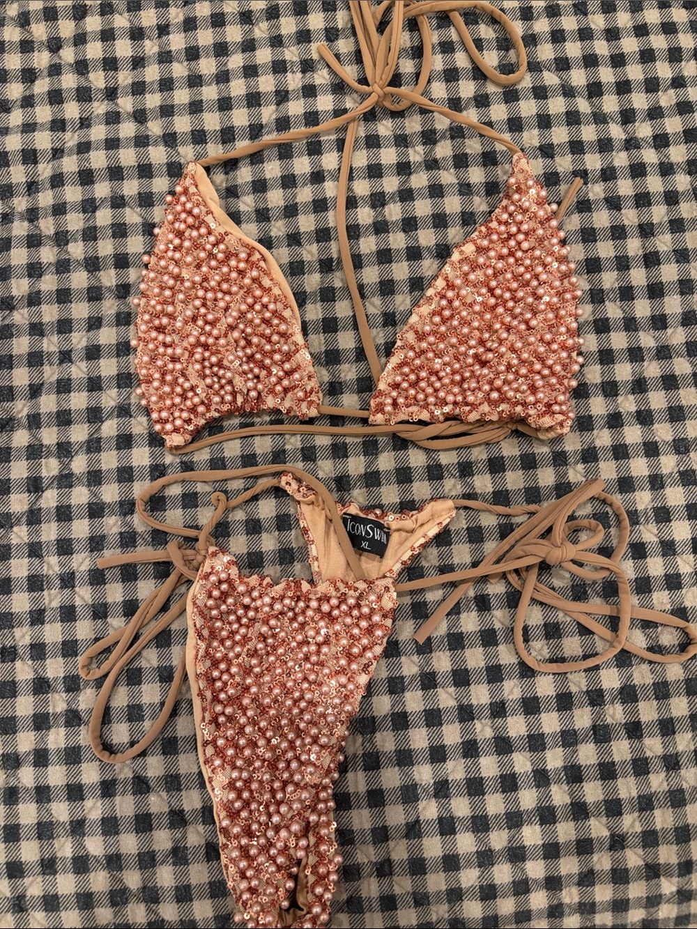 Beaded Triangle Bikini Set in Peach Pink - Picture 2 of 7